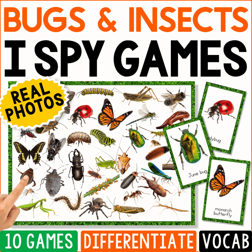 Bugs and Insects I Spy Games cover featuring real photos of butterflies, beetles, ladybugs, flies, and other insects with matching picture cards for science vocabulary and visual discrimination.