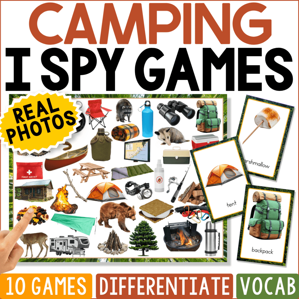 Camping I Spy Board Game featuring 10 printable game boards and 40 real-life photo cards with familiar camping vocabulary. The sample game board includes a tent, backpack, campfire, lantern, hiking boots, binoculars, picnic table, camper, pine tree, raccoon, bear, marshmallow, and other camping gear for visual discrimination and picture matching practice.