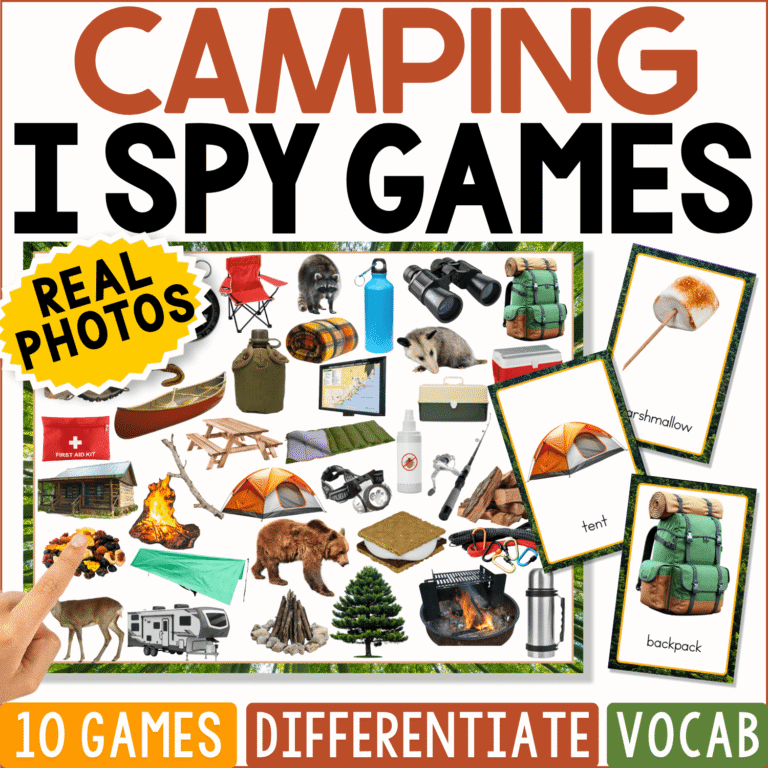 Camping I Spy Board Game featuring 10 printable game boards and 40 real-life photo cards with familiar camping vocabulary. The sample game board includes a tent, backpack, campfire, lantern, hiking boots, binoculars, picnic table, camper, pine tree, raccoon, bear, marshmallow, and other camping gear for visual discrimination and picture matching practice.