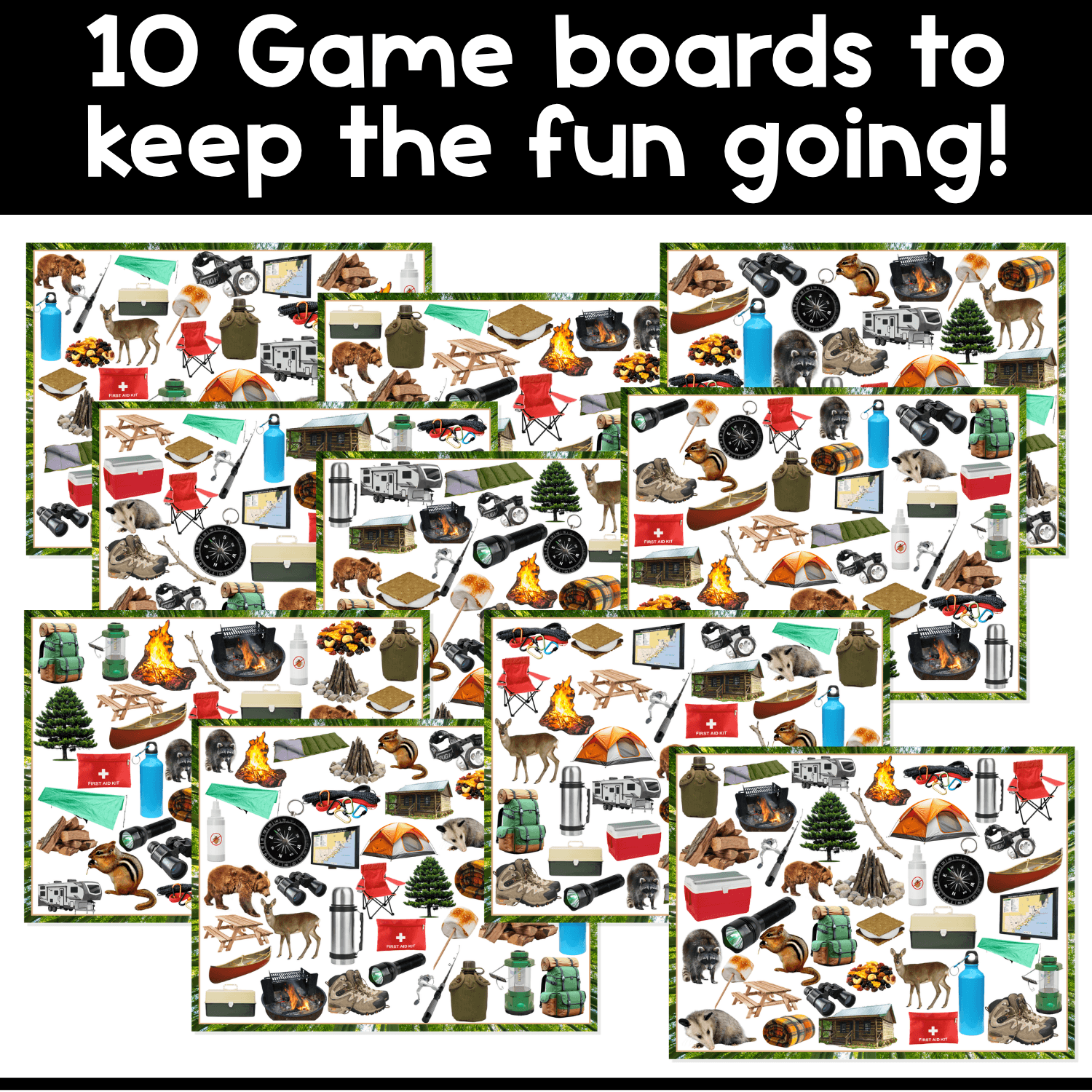 Ten different Camping I Spy game boards packed with real photos of camping equipment, woodland animals, outdoor gear, and campsite objects. The varied boards include tents, backpacks, campfires, campers, hiking boots, lanterns, coolers, binoculars, trees, picnic tables, and other camping vocabulary for repeated I Spy play.