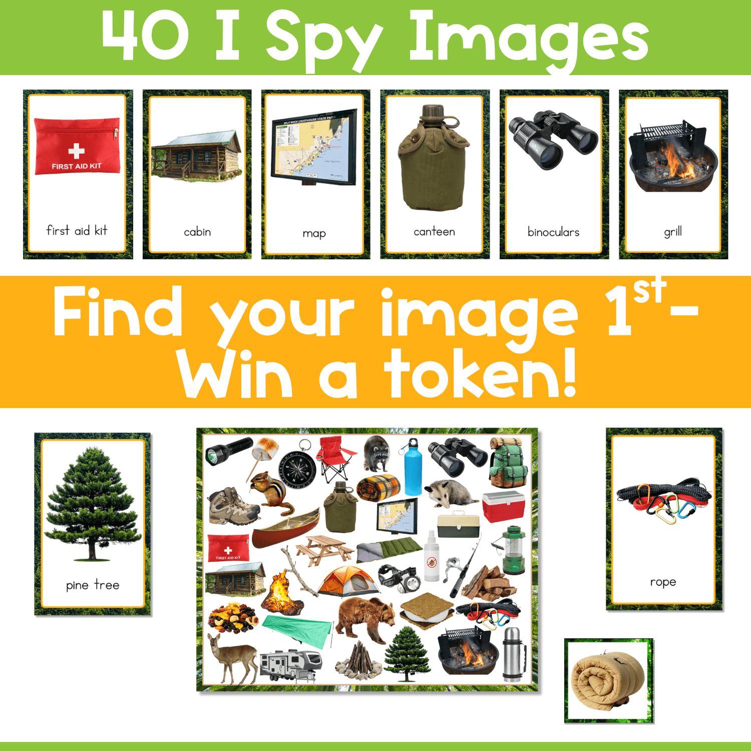 Camping I Spy game featuring 40 real photo vocabulary cards with items such as a first aid kit, cabin, map, canteen, binoculars, grill, pine tree, rope, and sleeping bag. Players search the busy camping game board to find the matching picture first and win a token while practicing visual scanning, vocabulary, and picture recognition.