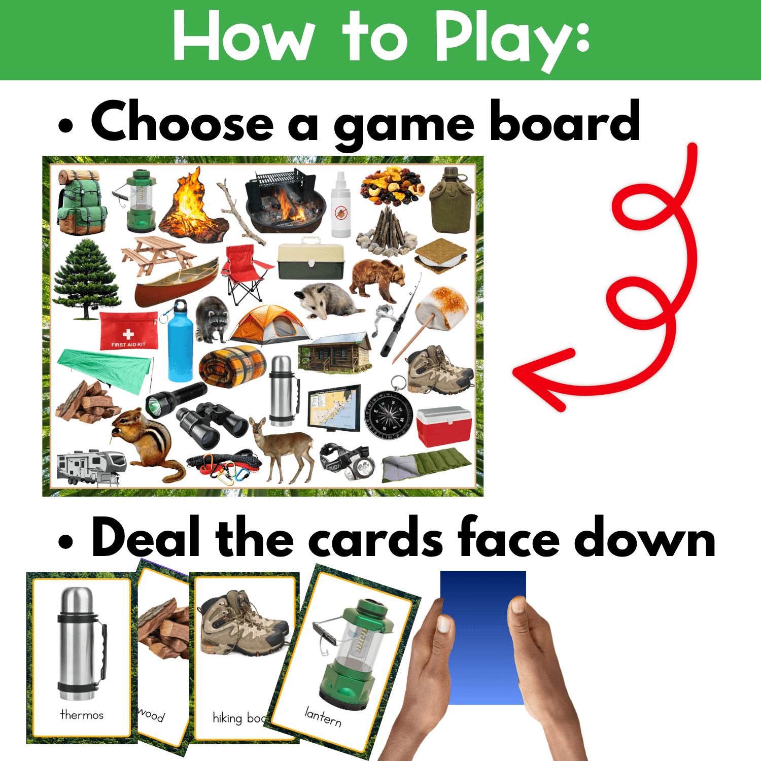 How to play the Camping I Spy Board Game: choose one real photo camping game board and deal the picture cards face down between the players. Example cards show a thermos, firewood, hiking boots, and lantern beside a game board filled with camping gear, woodland animals, and outdoor objects.