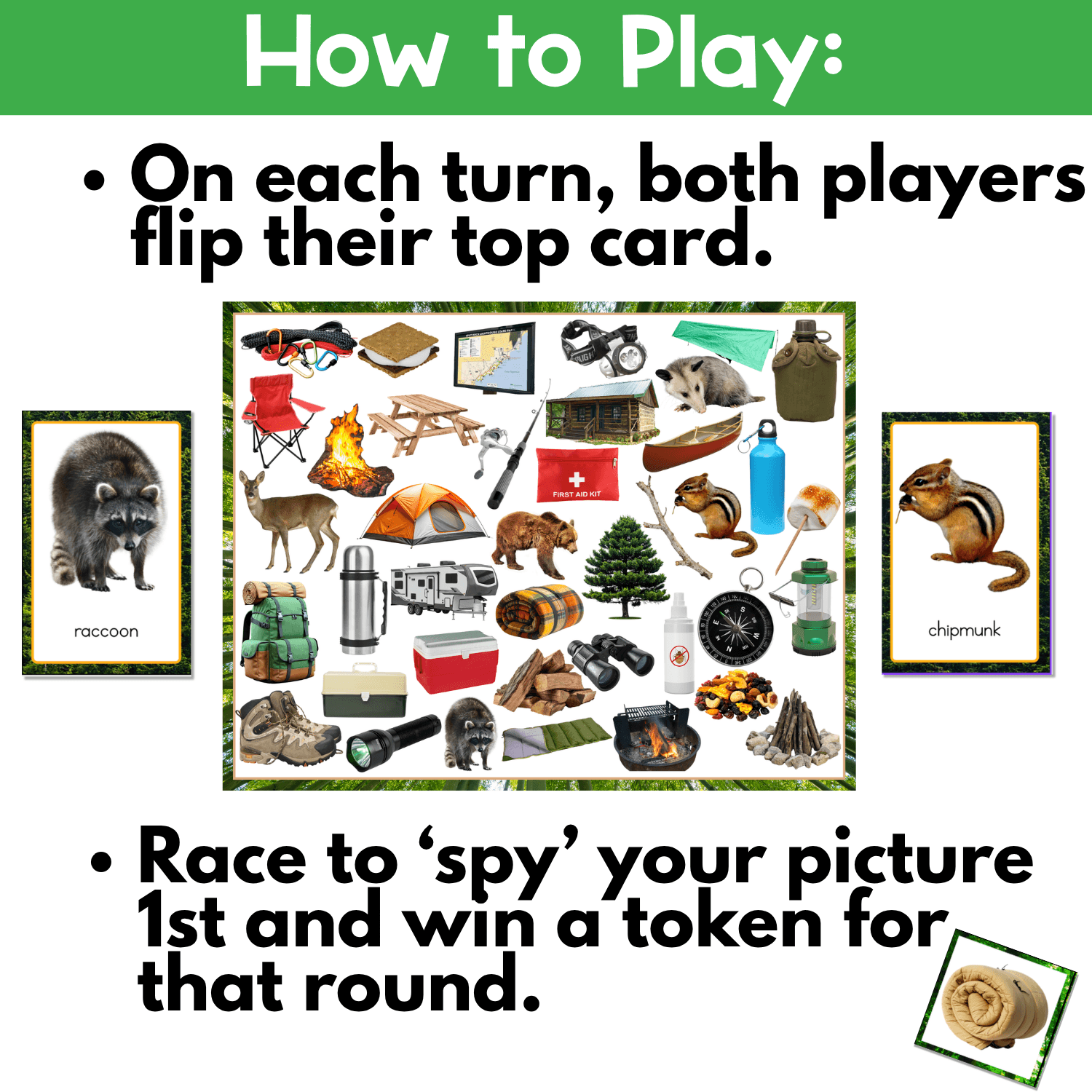 Camping I Spy Flip Board Game directions showing both players flipping their top card and racing to find the matching real photo on the game board first. Example cards feature a raccoon and chipmunk, while the crowded camping board includes tents, campfires, backpacks, animals, cookware, and outdoor gear for fast visual discrimination and matching practice.