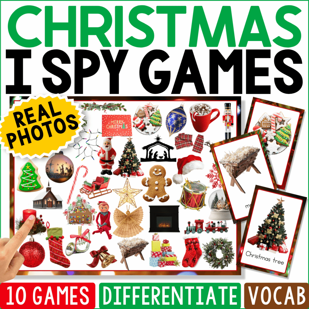 Christmas I Spy Games cover featuring real photos of Christmas trees, ornaments, stockings, gingerbread, decorations, and holiday objects for seasonal vocabulary, matching, and visual discrimination.