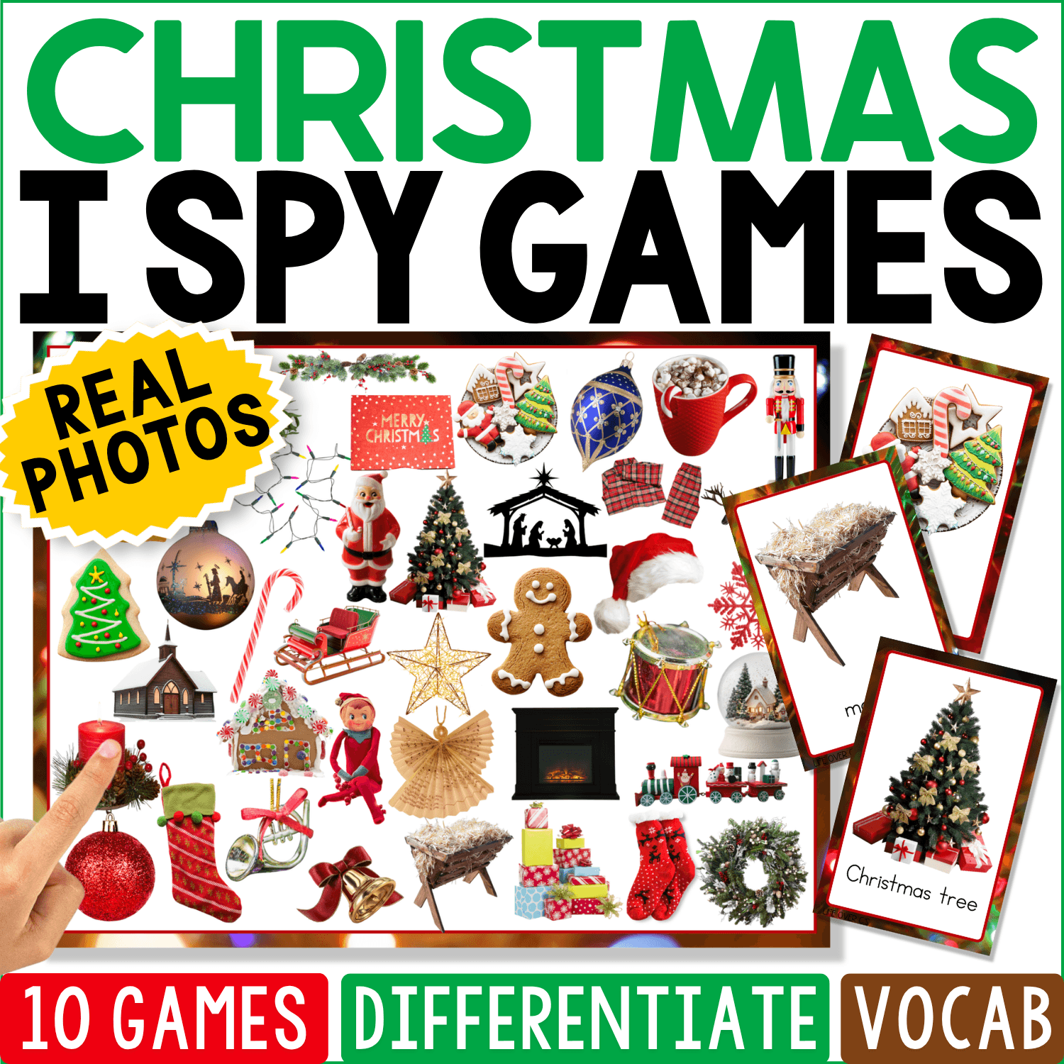 Christmas I Spy Games cover featuring real photos of Christmas trees, ornaments, stockings, gingerbread, decorations, and holiday objects for seasonal vocabulary, matching, and visual discrimination.