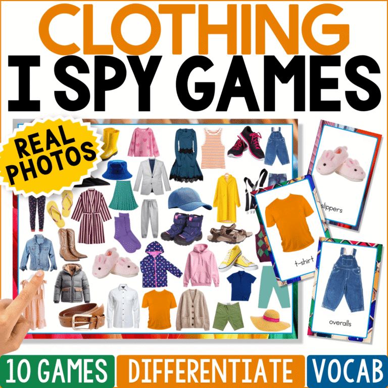 Clothing I Spy Games cover featuring a colorful real-photo game board filled with shirts, dresses, pants, shoes, jackets, hats, and other clothing items. Sample picture cards show how preschool and kindergarten children use the 10 I Spy games for clothing vocabulary, visual discrimination, matching, and language practice.