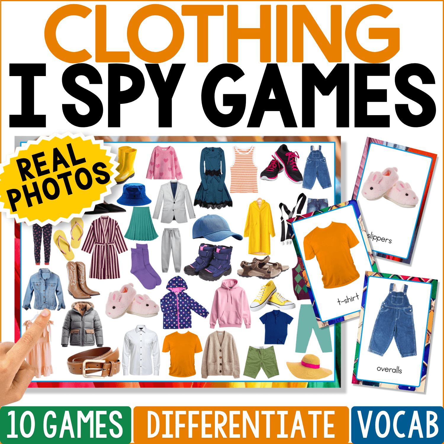 Clothing I Spy Games cover featuring a colorful real-photo game board filled with shirts, dresses, pants, shoes, jackets, hats, and other clothing items. Sample picture cards show how preschool and kindergarten children use the 10 I Spy games for clothing vocabulary, visual discrimination, matching, and language practice.