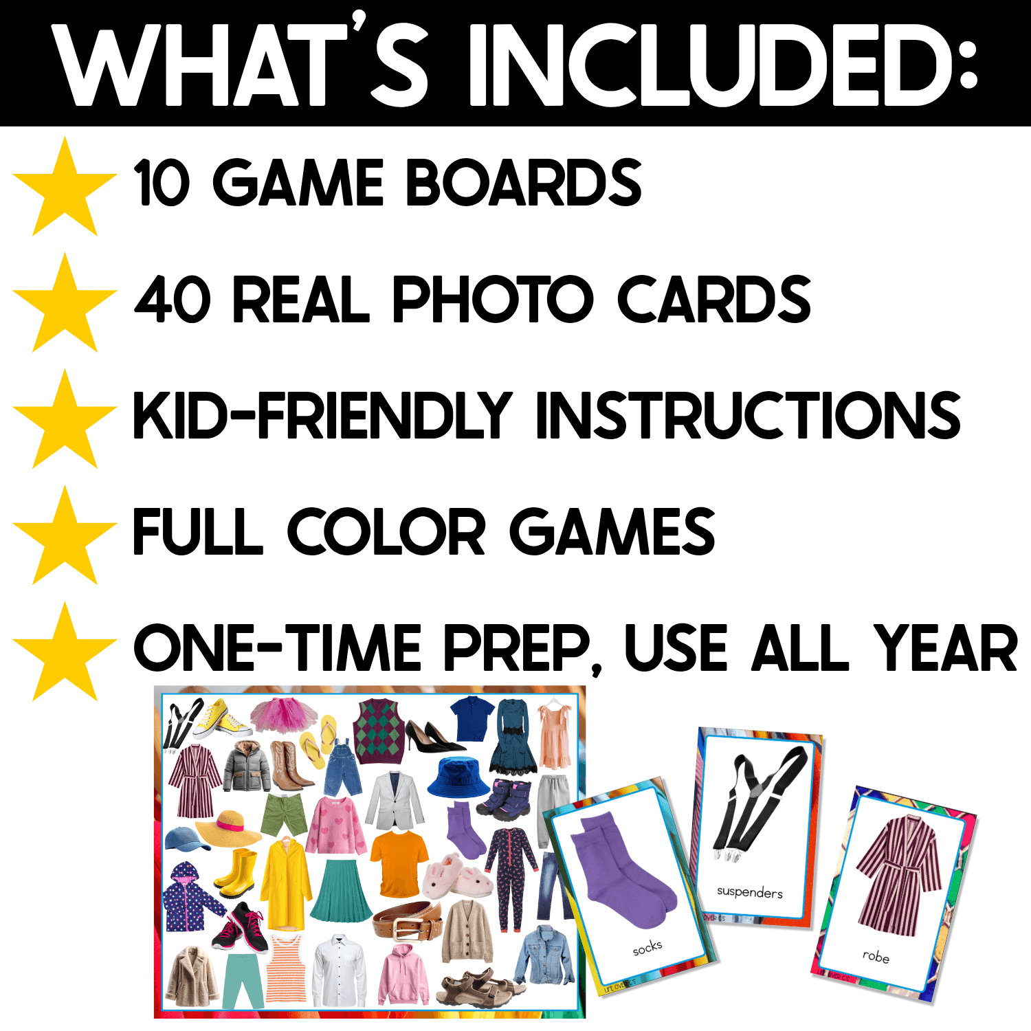 What’s Included page for the Clothing I Spy Board Game showing sample real-photo clothing game boards and picture cards. The resource includes 10 game boards, 40 real photo cards, kid-friendly instructions, full-color games, and reusable one-time-prep activities.