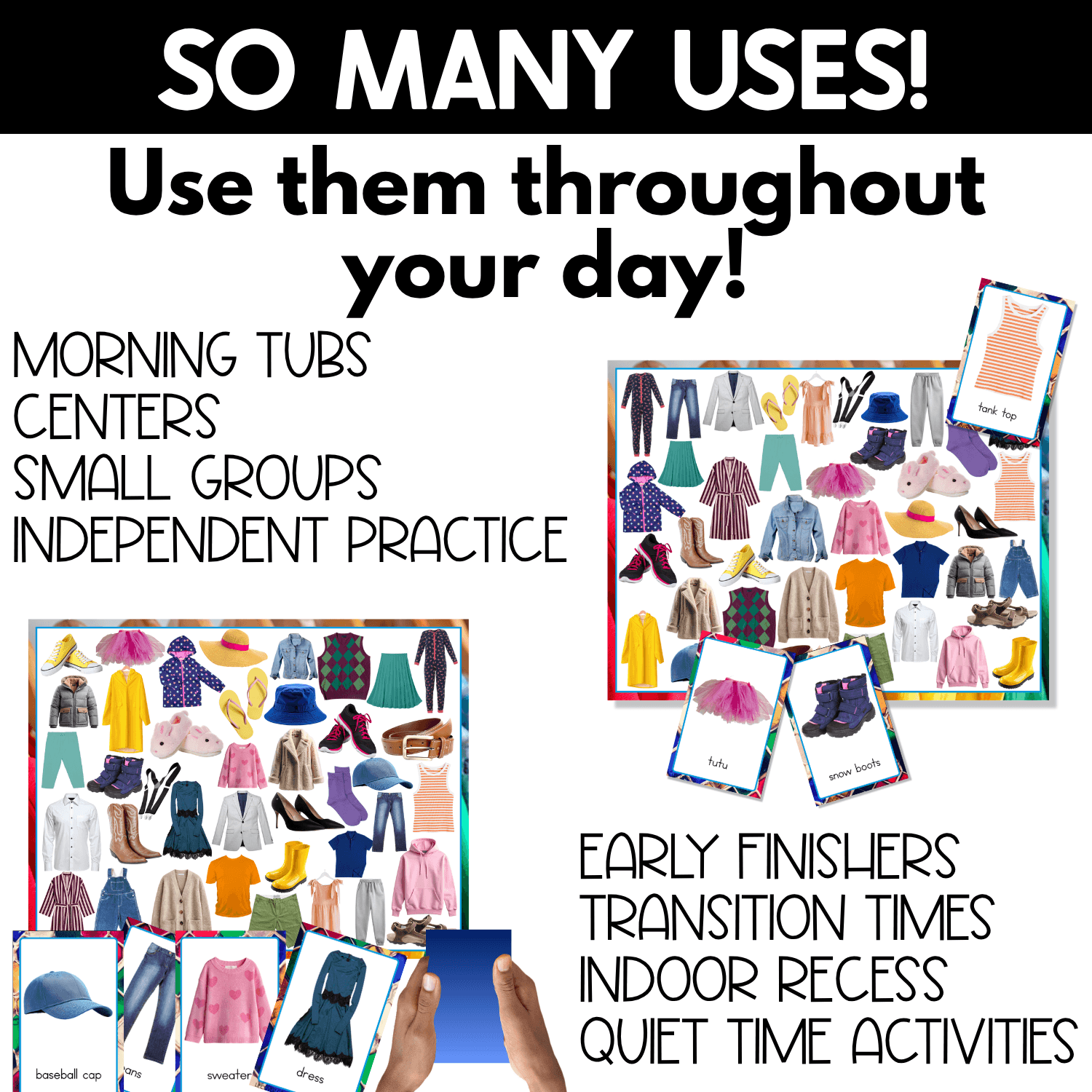 Clothing I Spy activity examples showing real-photo game boards, matching clothing cards, and a child’s hand holding a card. Suggested classroom uses include morning tubs, centers, small groups, independent practice, early finishers, transition times, indoor recess, and quiet-time activities.
