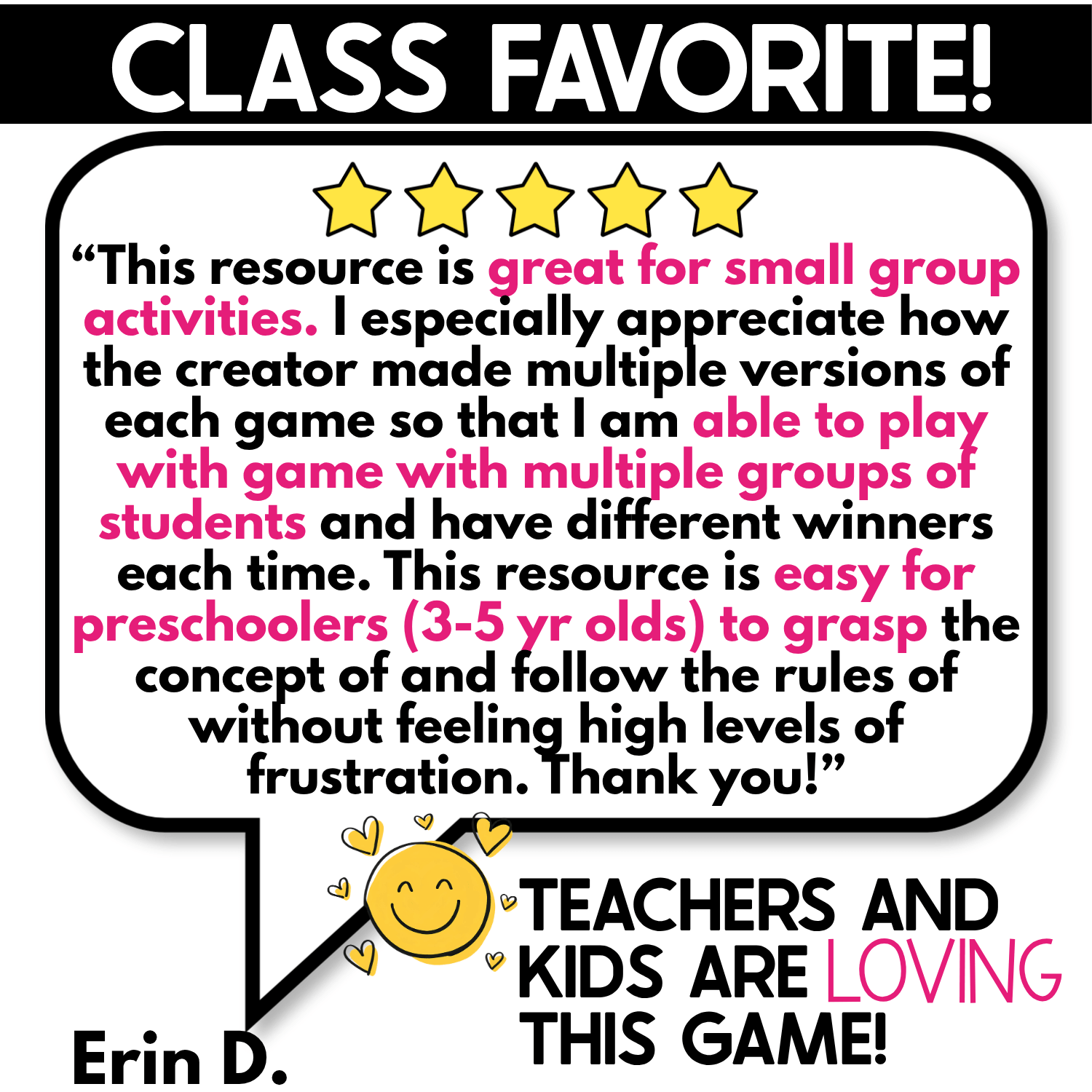 Class Favorite testimonial for the Clothing I Spy Board Game with a five-star teacher review praising the multiple game board versions for small groups, preschool visual scanning, and keeping several children engaged at the same time. The page emphasizes that teachers and kids enjoy the interactive I Spy game.