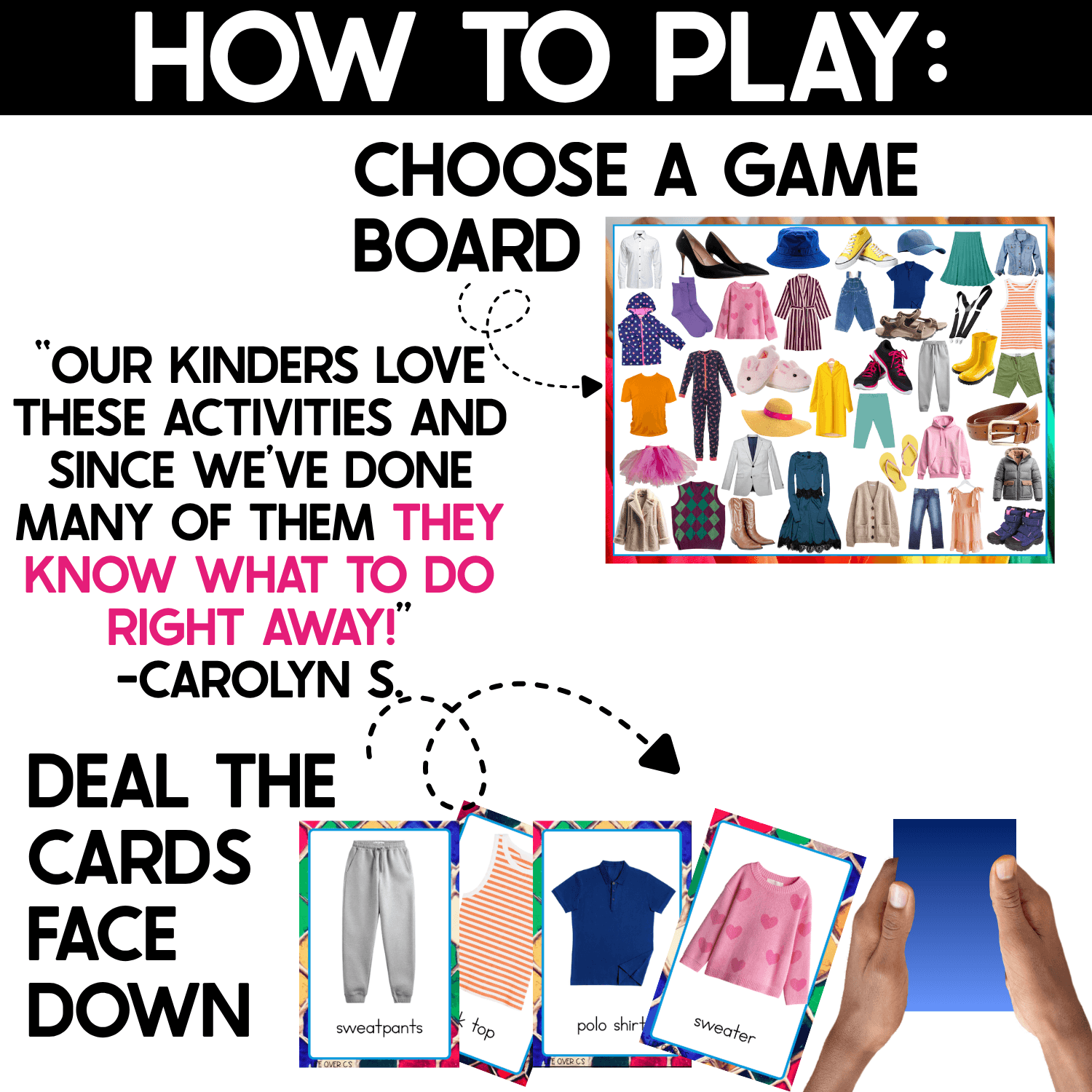 How to Play page for the Clothing I Spy Board Game showing the first setup steps: choose a real-photo clothing game board and deal the picture cards face down. Photos show a board filled with familiar clothing items, several matching cards, and a child’s hand holding the card stack.