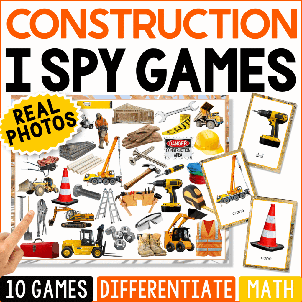 Construction I Spy Games cover featuring real photos of tools, hard hats, construction vehicles, traffic cones, and equipment for preschool and kindergarten vocabulary, matching, and visual discrimination.