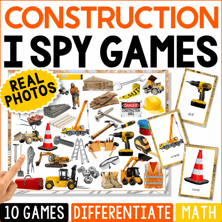 Construction I Spy Games cover featuring real photos of tools, hard hats, construction vehicles, traffic cones, and equipment for preschool and kindergarten vocabulary, matching, and visual discrimination.