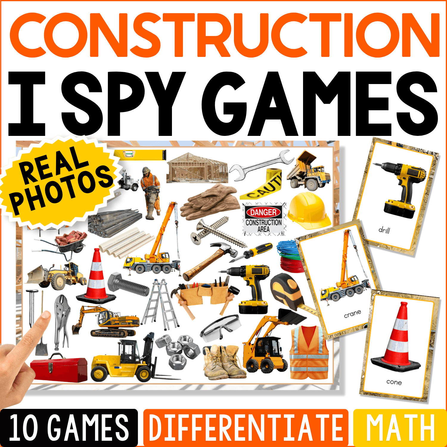 Construction I Spy Games cover featuring real photos of tools, hard hats, construction vehicles, traffic cones, and equipment for preschool and kindergarten vocabulary, matching, and visual discrimination.