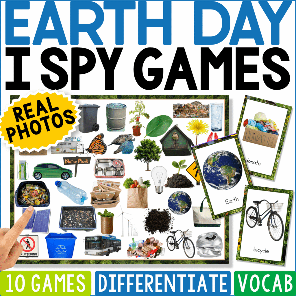 Earth Day I Spy Board Game featuring real photos of recycling bins, trees, bicycles, reusable bags, light bulbs, compost, plants, wind turbines, trash, and other environmental objects. This printable Earth Day game includes 10 I Spy boards for vocabulary, visual discrimination, matching, and environmental awareness activities.