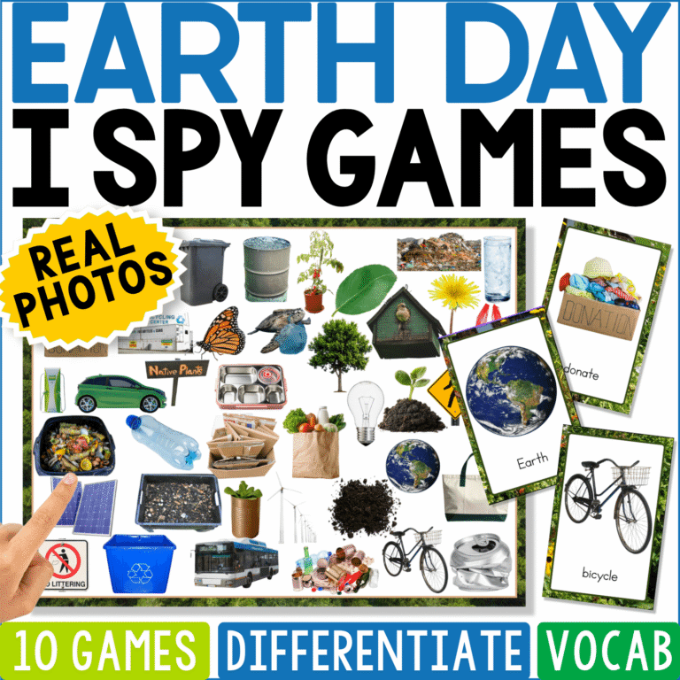 Earth Day I Spy Board Game featuring real photos of recycling bins, trees, bicycles, reusable bags, light bulbs, compost, plants, wind turbines, trash, and other environmental objects. This printable Earth Day game includes 10 I Spy boards for vocabulary, visual discrimination, matching, and environmental awareness activities.