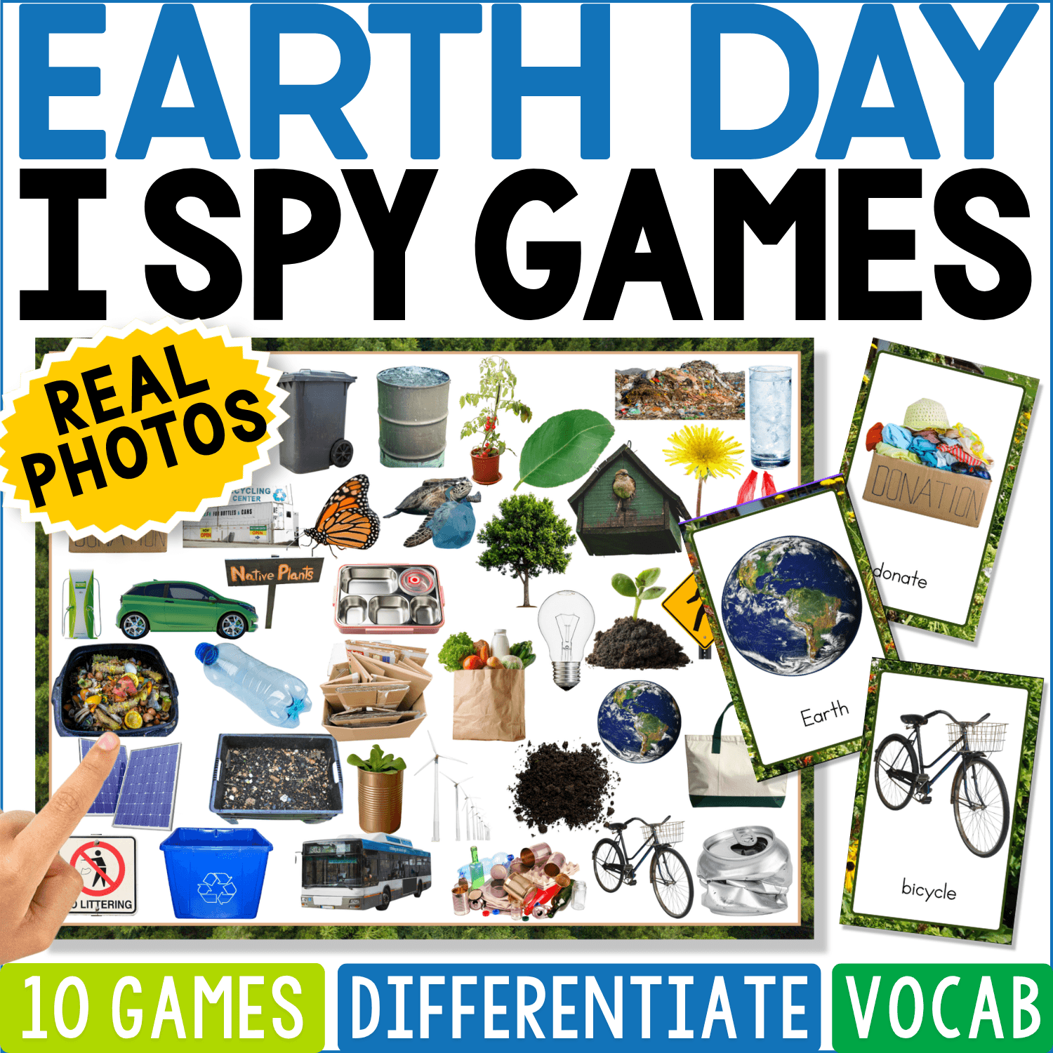 Earth Day I Spy Board Game featuring real photos of recycling bins, trees, bicycles, reusable bags, light bulbs, compost, plants, wind turbines, trash, and other environmental objects. This printable Earth Day game includes 10 I Spy boards for vocabulary, visual discrimination, matching, and environmental awareness activities.