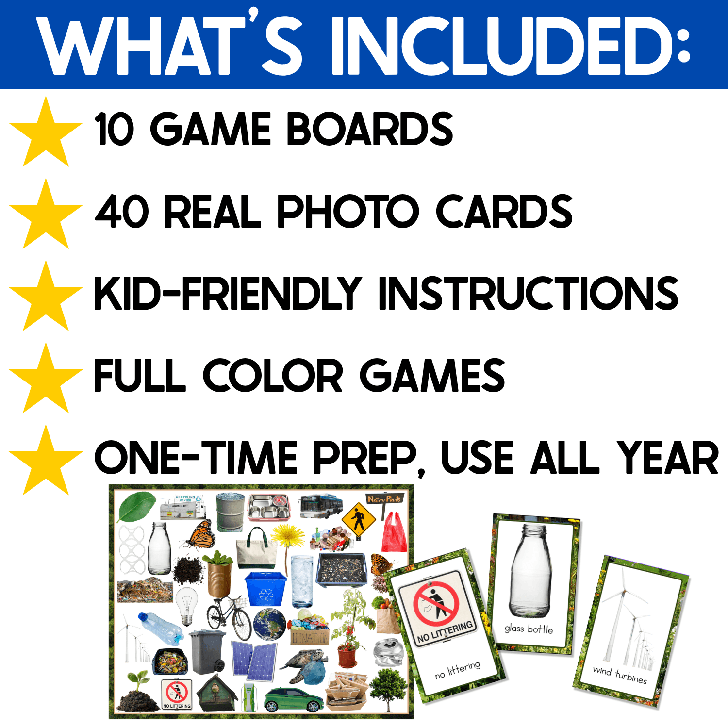 What’s included in the Earth Day I Spy Board Game: 10 full-color game boards, 40 real photo picture cards, kid-friendly instructions, and reusable printable materials. Preview shows Earth Day vocabulary including a glass bottle, LED light bulb, wind turbine, recycling symbol, and environmental objects.