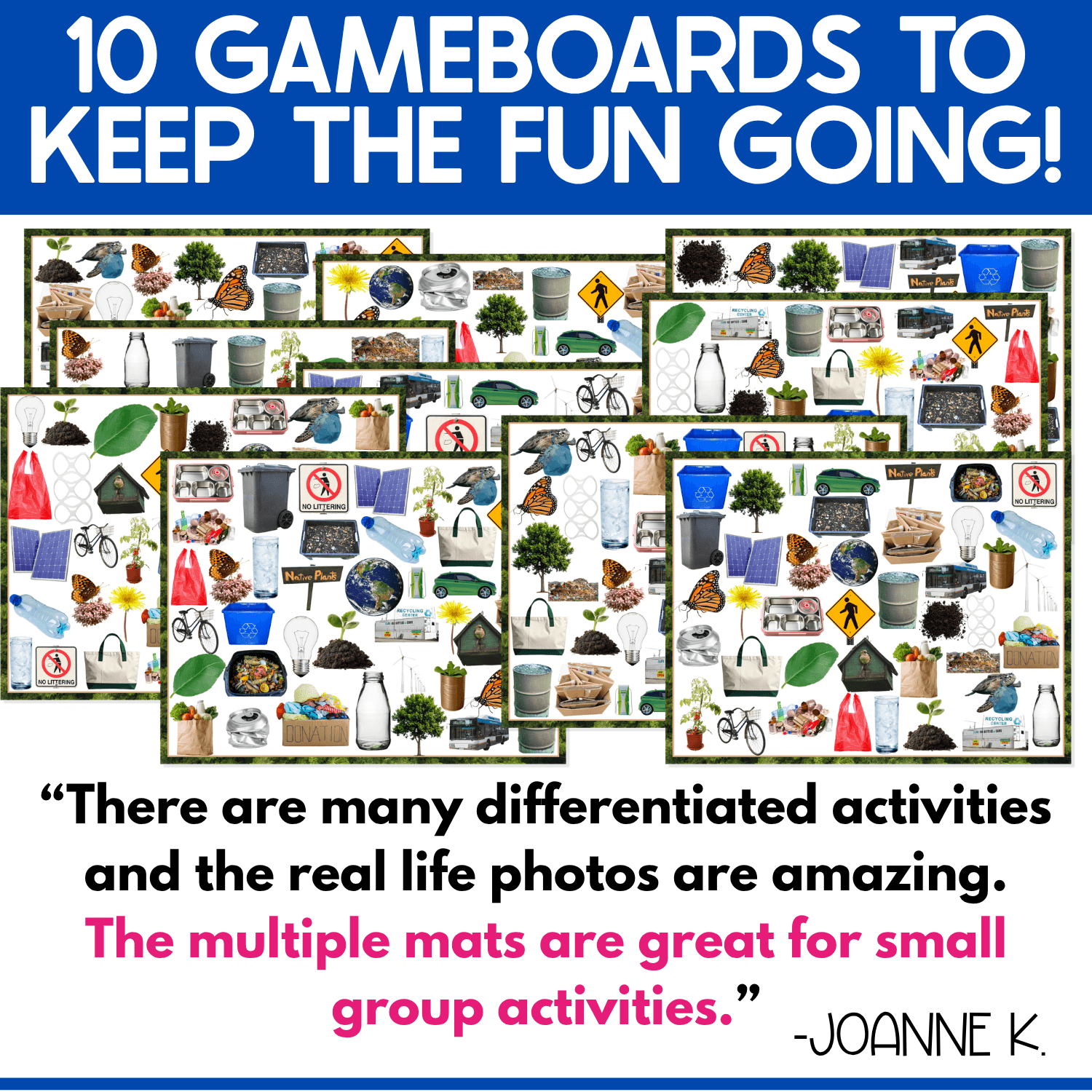 Ten different Earth Day I Spy game boards packed with real photos of recycling containers, plants, trees, reusable items, bicycles, compost, wind energy, and other environmental objects. Teacher review highlights the realistic photographs, multiple game boards, differentiation options, and small-group classroom use.