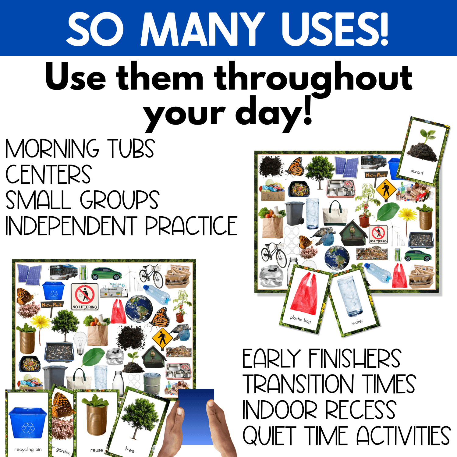 Earth Day I Spy Board Game shown for use throughout the school day during morning tubs, centers, small groups, independent practice, early finishers, transition times, indoor recess, and quiet-time activities. Real photo Earth Day cards and busy game boards support vocabulary, visual attention, matching, and environmental theme learning.