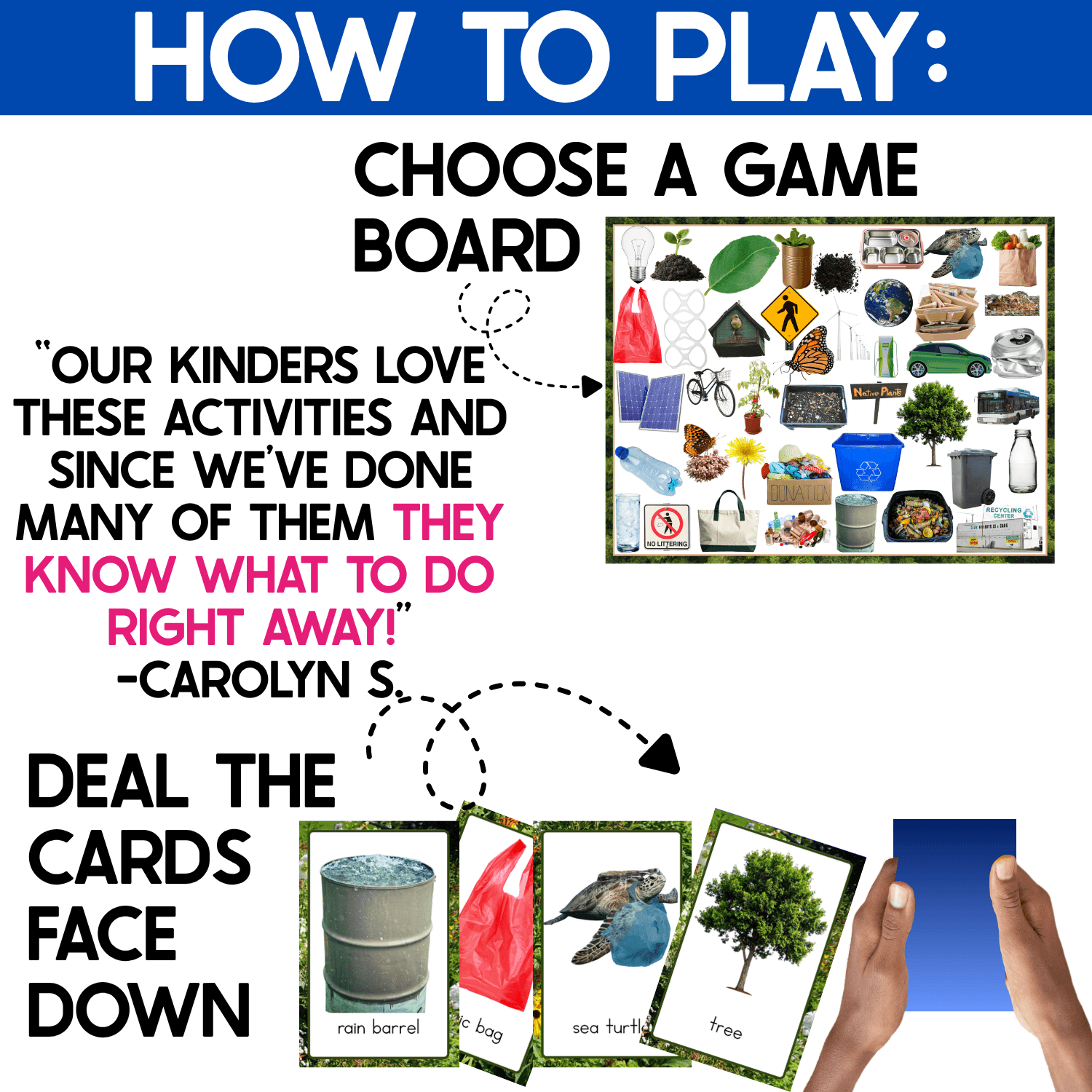 How to play the Earth Day I Spy Board Game: choose one real photo game board and deal the picture cards face down between the players. Example Earth Day cards feature a rain barrel, reusable bag, sea turtle, and tree while the game board contains recycling, nature, energy-saving, and environmental vocabulary.