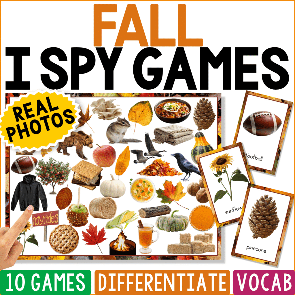 Fall I Spy Games cover featuring real photos of pumpkins, leaves, acorns, pinecones, footballs, and autumn objects for seasonal vocabulary, visual discrimination, and preschool learning.