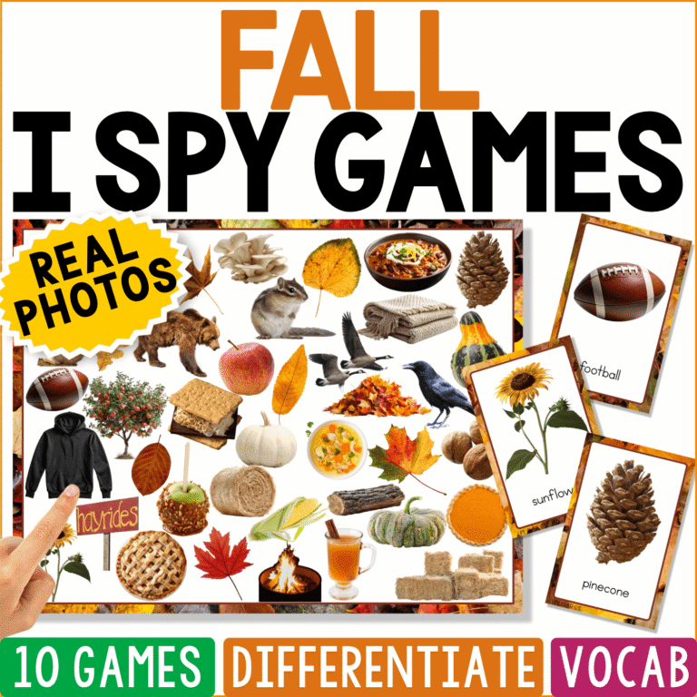 Fall I Spy Games cover featuring real photos of pumpkins, leaves, acorns, pinecones, footballs, and autumn objects for seasonal vocabulary, visual discrimination, and preschool learning.