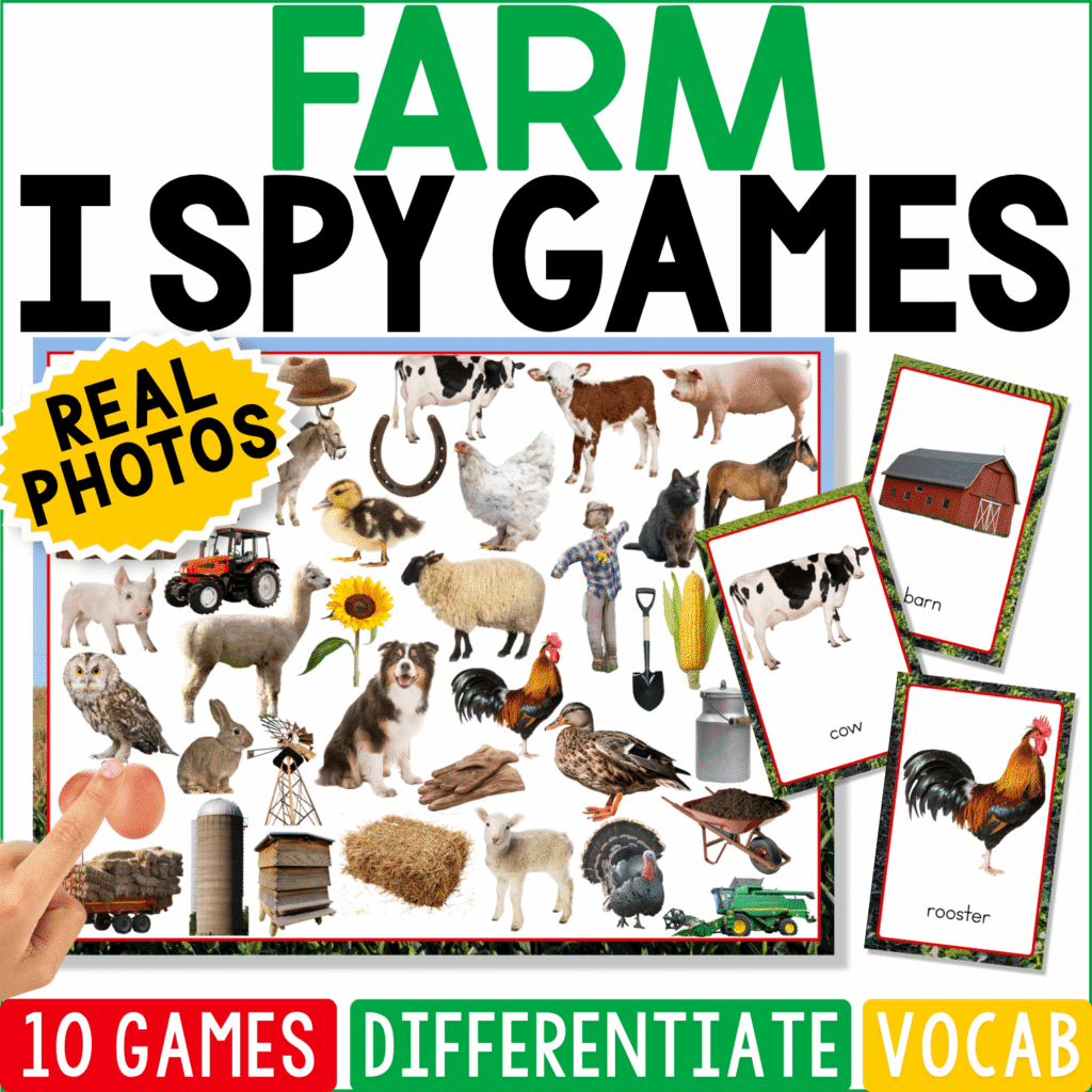 Farm I Spy Games cover featuring real photos of cows, sheep, chickens, pigs, tractors, barns, and other farm animals and objects for preschool vocabulary and visual discrimination.