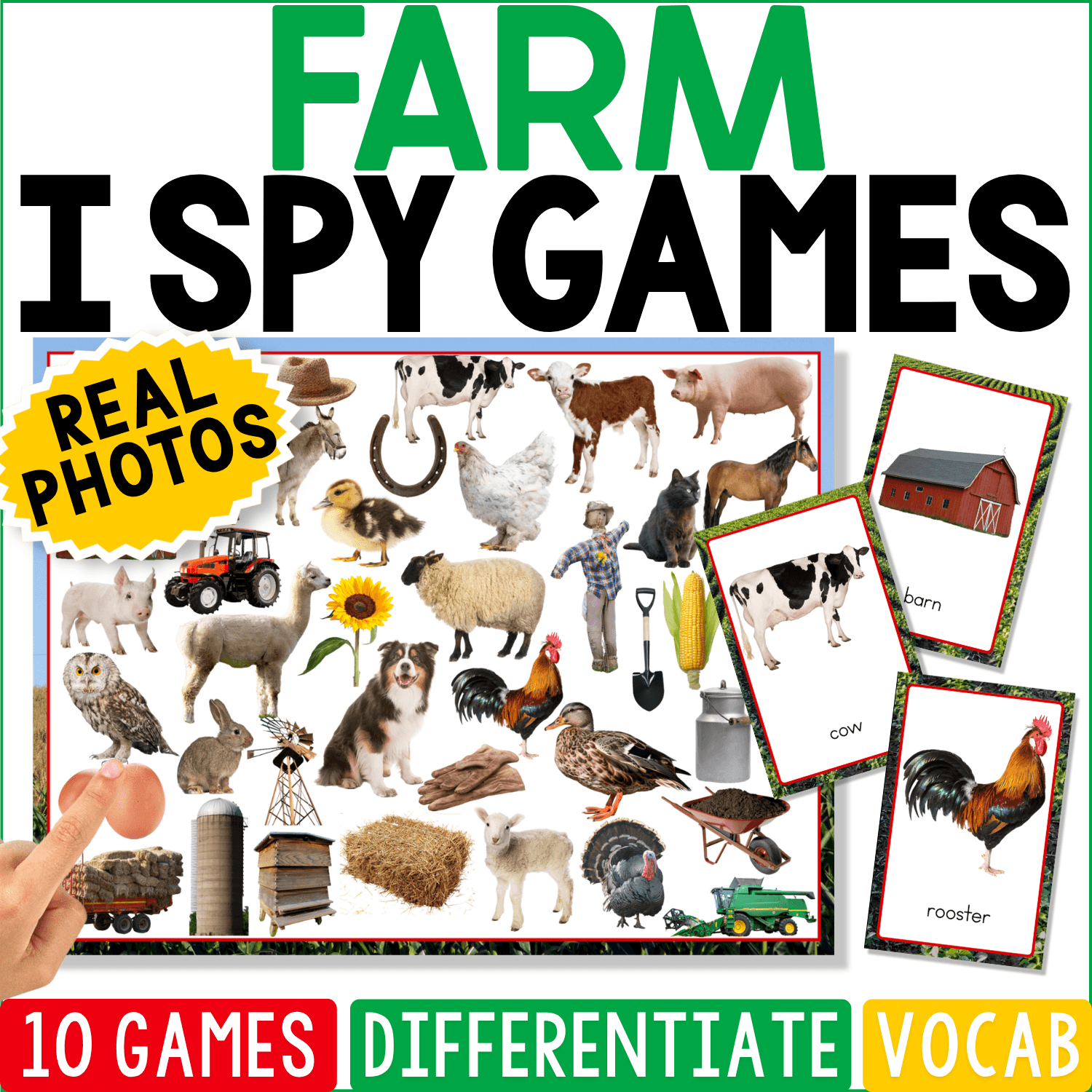 Farm I Spy Games cover featuring real photos of cows, sheep, chickens, pigs, tractors, barns, and other farm animals and objects for preschool vocabulary and visual discrimination.