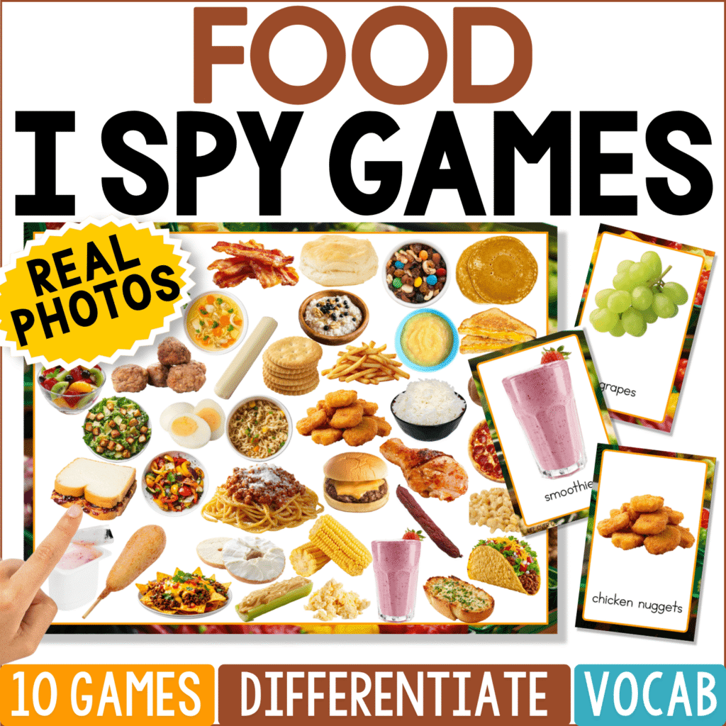 Food I Spy Games printable featuring a colorful search board filled with real photos of familiar foods, including bacon, biscuit, pancakes, oatmeal, crackers, French fries, chicken nuggets, rice, pizza, cheeseburger, spaghetti, taco, corn, sandwich, smoothie, grapes, and more. Matching food picture cards support vocabulary, visual discrimination, and preschool or kindergarten I Spy play.