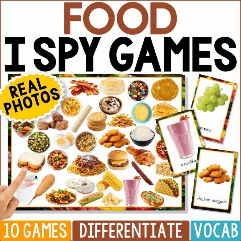 Food I Spy Games printable featuring a colorful search board filled with real photos of familiar foods, including bacon, biscuit, pancakes, oatmeal, crackers, French fries, chicken nuggets, rice, pizza, cheeseburger, spaghetti, taco, corn, sandwich, smoothie, grapes, and more. Matching food picture cards support vocabulary, visual discrimination, and preschool or kindergarten I Spy play.