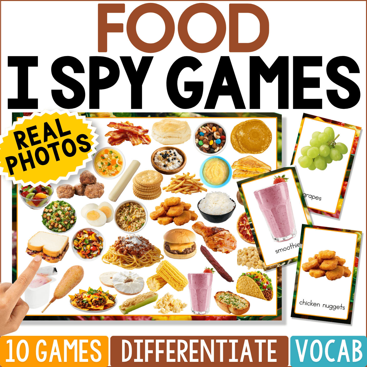 Food I Spy Games printable featuring a colorful search board filled with real photos of familiar foods, including bacon, biscuit, pancakes, oatmeal, crackers, French fries, chicken nuggets, rice, pizza, cheeseburger, spaghetti, taco, corn, sandwich, smoothie, grapes, and more. Matching food picture cards support vocabulary, visual discrimination, and preschool or kindergarten I Spy play.