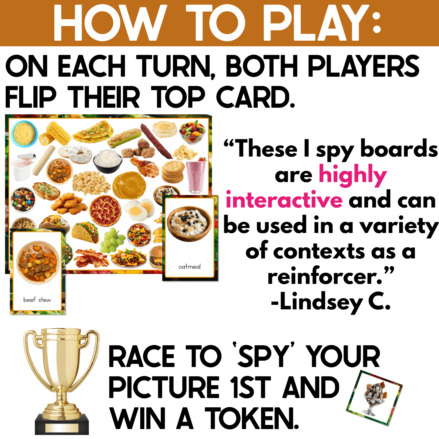 Food I Spy game instructions show both players flipping their top card and racing to find the matching food on a crowded real-photo game board. Beef stew and oatmeal cards demonstrate the search-and-match gameplay used to build visual scanning, attention, picture recognition, and food vocabulary.