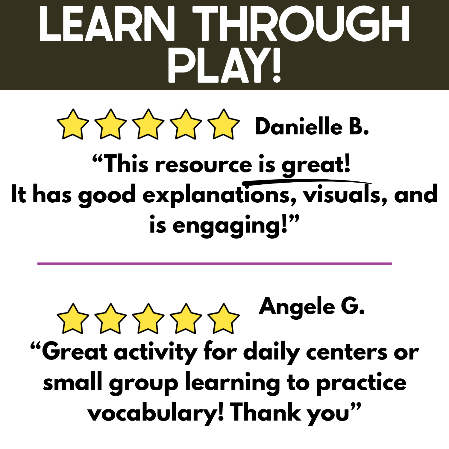 Learn Through Play review graphic for the Food I Spy game features two five-star teacher reviews praising the clear explanations, helpful visuals, engaging format, and usefulness for daily centers, small group learning, and food vocabulary practice.