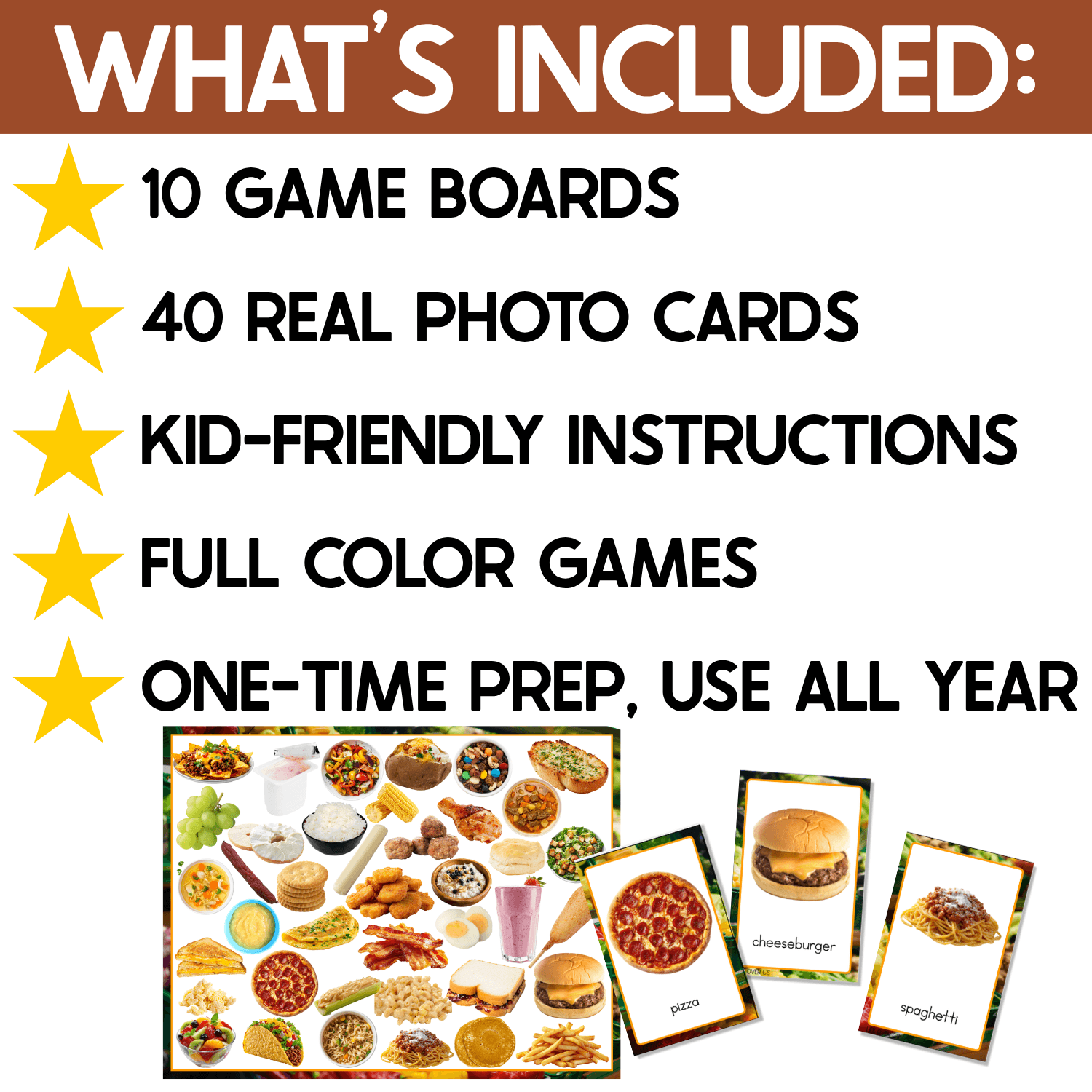 Food I Spy board game resource includes 10 game boards, 40 real photo food cards, kid-friendly instructions, full-color games, and one-time prep for year-round use. Sample matching cards feature pizza, cheeseburger, and spaghetti beside a game board packed with recognizable everyday foods.