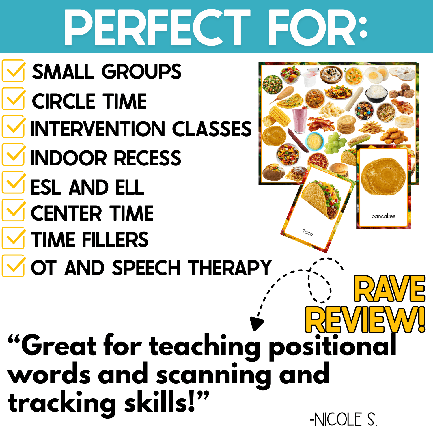 Real photo Food I Spy game shown for small groups, circle time, intervention classes, indoor recess, ESL and ELL, centers, time fillers, OT, and speech therapy. Taco and pancake picture cards pair with a food-filled search board for vocabulary, positional words, visual scanning, and tracking skills.
