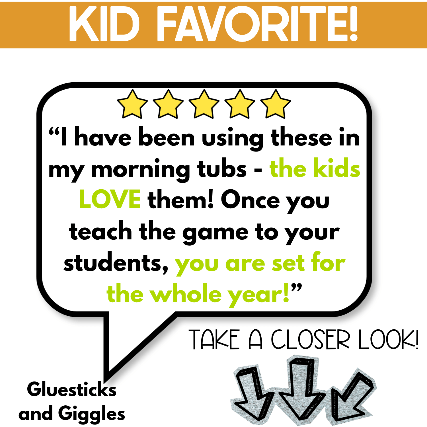Five-star teacher review for the Food I Spy game shares that children love using the printable games in morning tubs and quickly learn how to play independently, making the real-photo food activity easy to reuse throughout the school year.