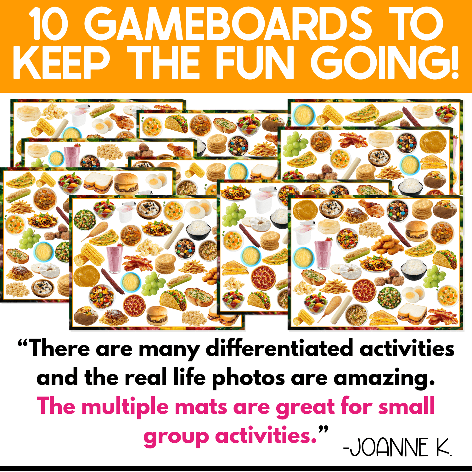 Ten differentiated Food I Spy game boards display changing arrangements of real photos of familiar foods such as pizza, tacos, burgers, grapes, bacon, soup, oatmeal, crackers, fries, meatballs, sandwiches, smoothies, and chicken nuggets. Multiple boards provide variety for small groups while building food vocabulary and visual discrimination.