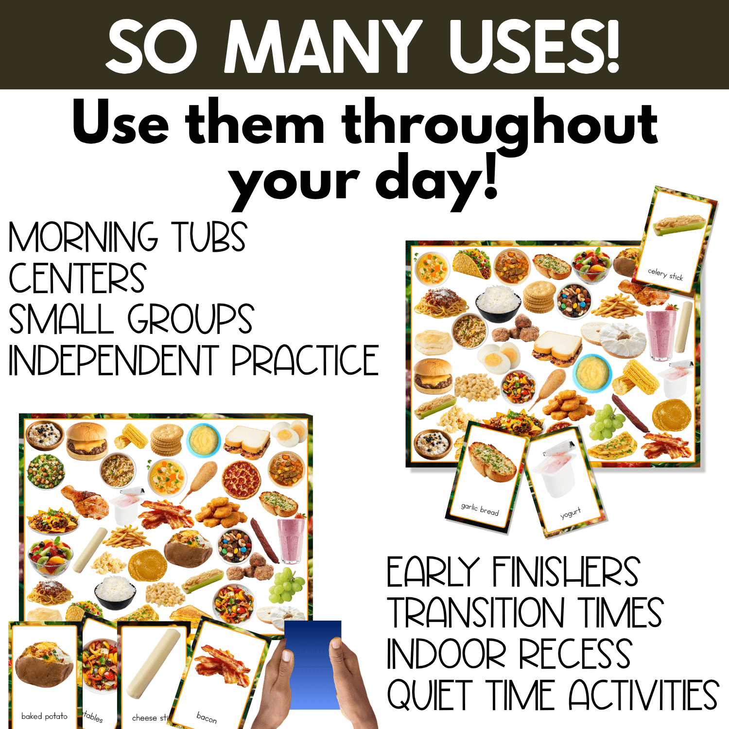 Food I Spy printable shown for morning tubs, centers, small groups, independent practice, early finishers, transition times, indoor recess, and quiet time. Real food photo cards include baked potato, vegetables, cheese stick, bacon, celery stick, garlic bread, and yogurt for flexible vocabulary and matching practice.