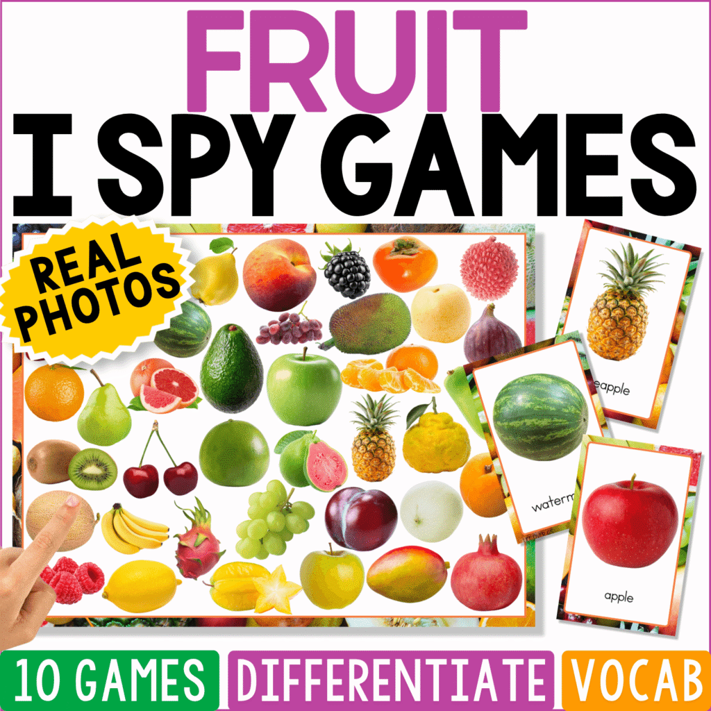 Fruit I Spy Games cover featuring colorful real photos of apples, grapes, watermelon, pineapple, citrus fruit, berries, and matching cards for food vocabulary and visual discrimination.