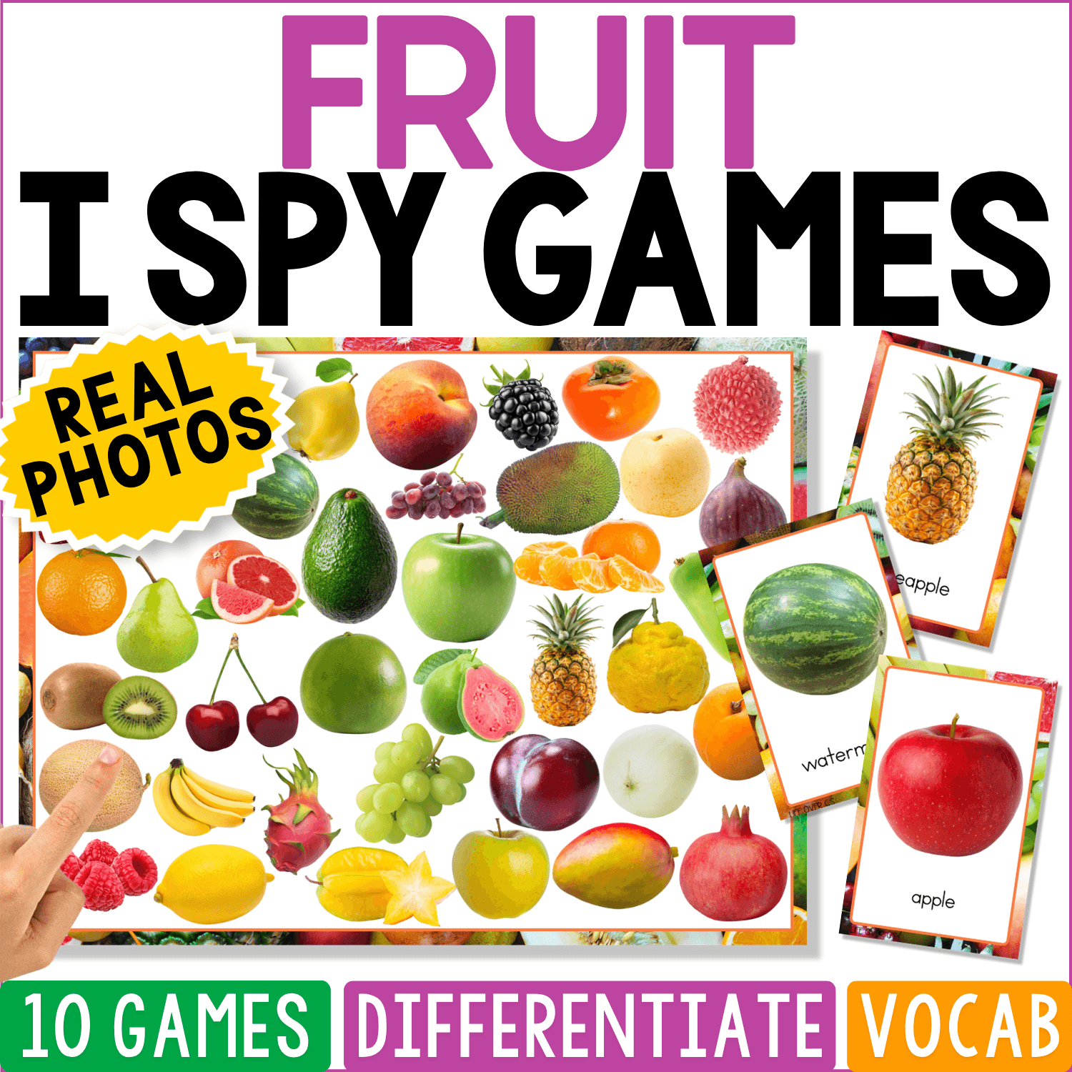 Fruit I Spy Games cover featuring colorful real photos of apples, grapes, watermelon, pineapple, citrus fruit, berries, and matching cards for food vocabulary and visual discrimination.