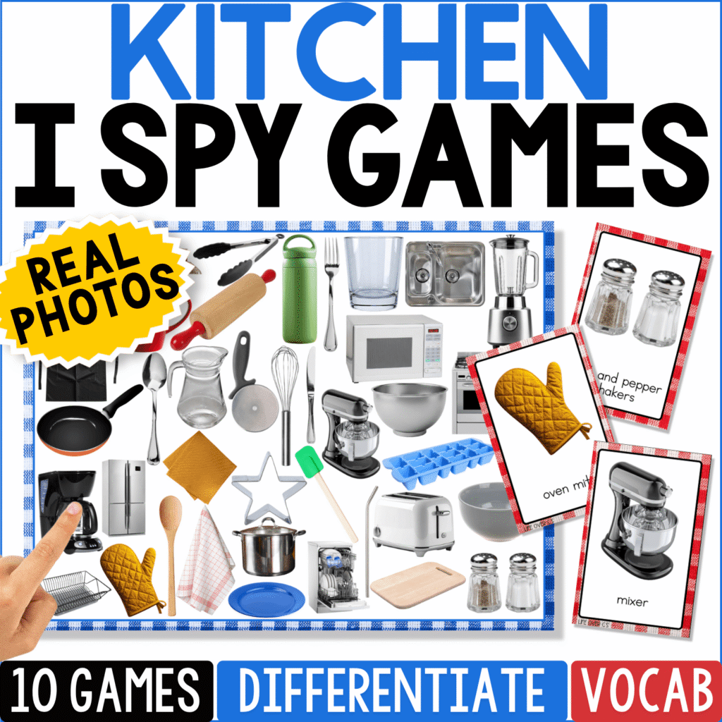 Kitchen I Spy Board Game with real photos of familiar kitchen objects including a rolling pin, kettle, sink, microwave, toaster, coffee maker, pans, utensils, cutting boards, and small appliances. Printable visual discrimination and kitchen vocabulary game includes 10 game boards for preschool, kindergarten, special education, and speech therapy.