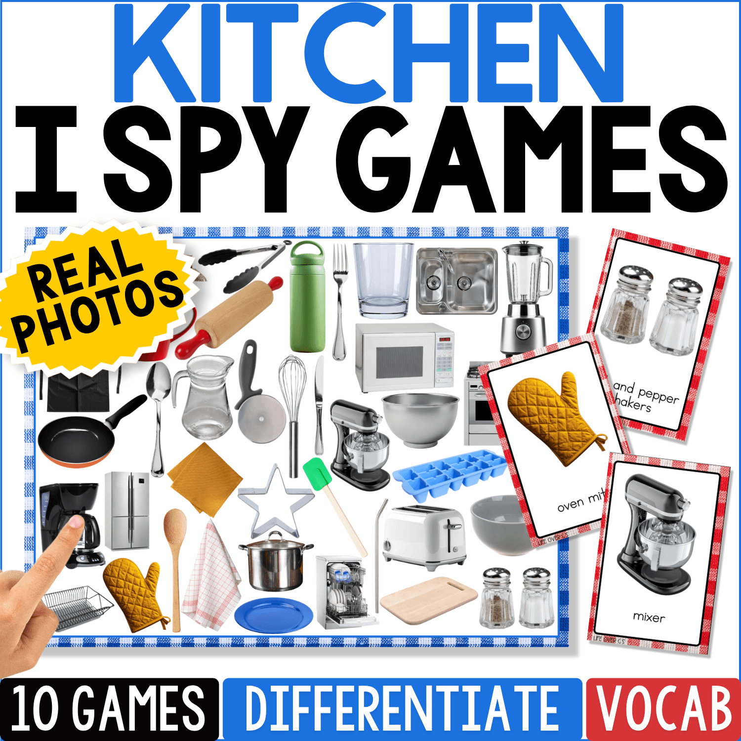 Kitchen I Spy Board Game with real photos of familiar kitchen objects including a rolling pin, kettle, sink, microwave, toaster, coffee maker, pans, utensils, cutting boards, and small appliances. Printable visual discrimination and kitchen vocabulary game includes 10 game boards for preschool, kindergarten, special education, and speech therapy.