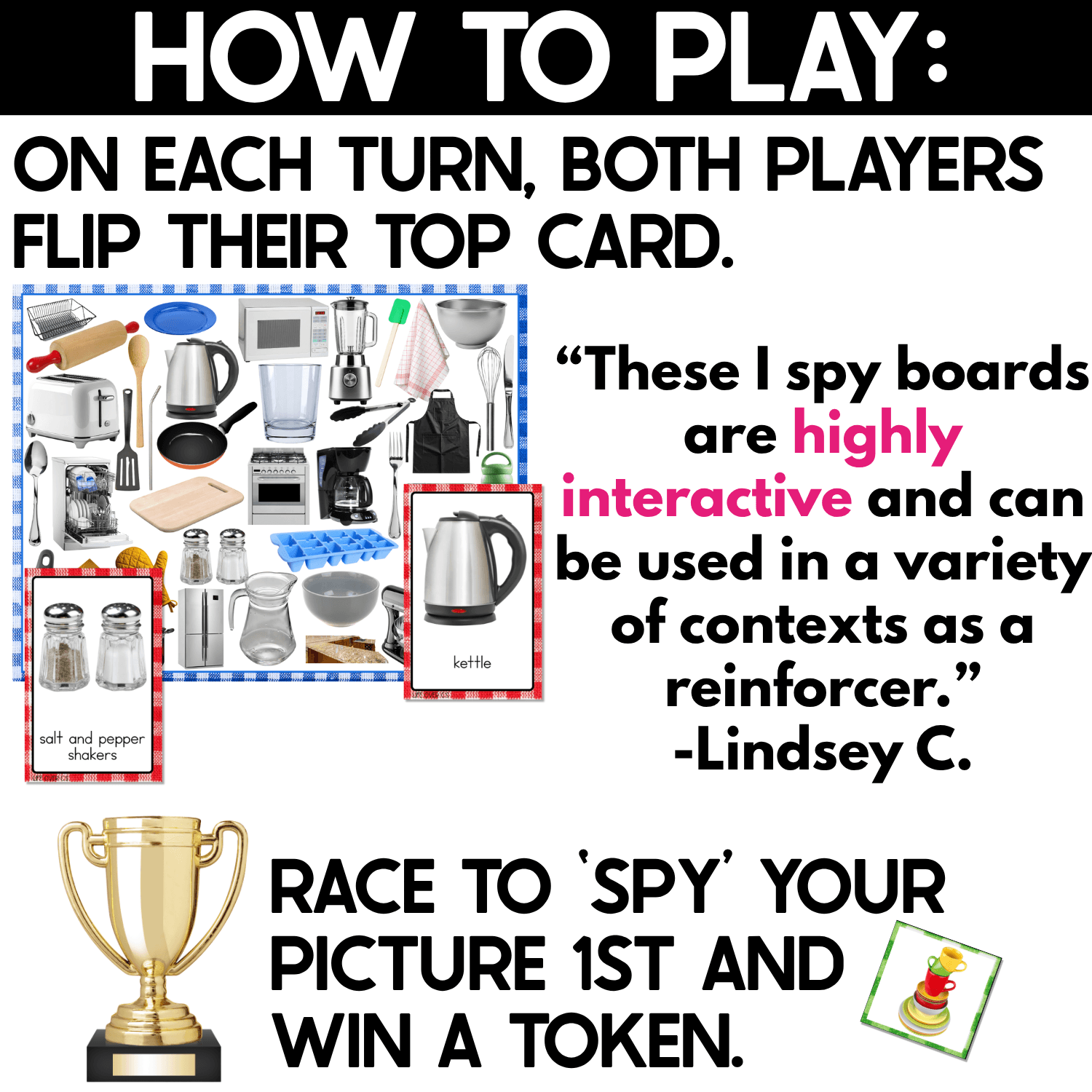 Kitchen I Spy Flip Board Game directions showing both players flipping their top card, searching the crowded real photo game board, and racing to find the matching kitchen object first to win a token. Example cards feature salt and pepper shakers and a kettle for fast-paced visual discrimination and vocabulary practice.
