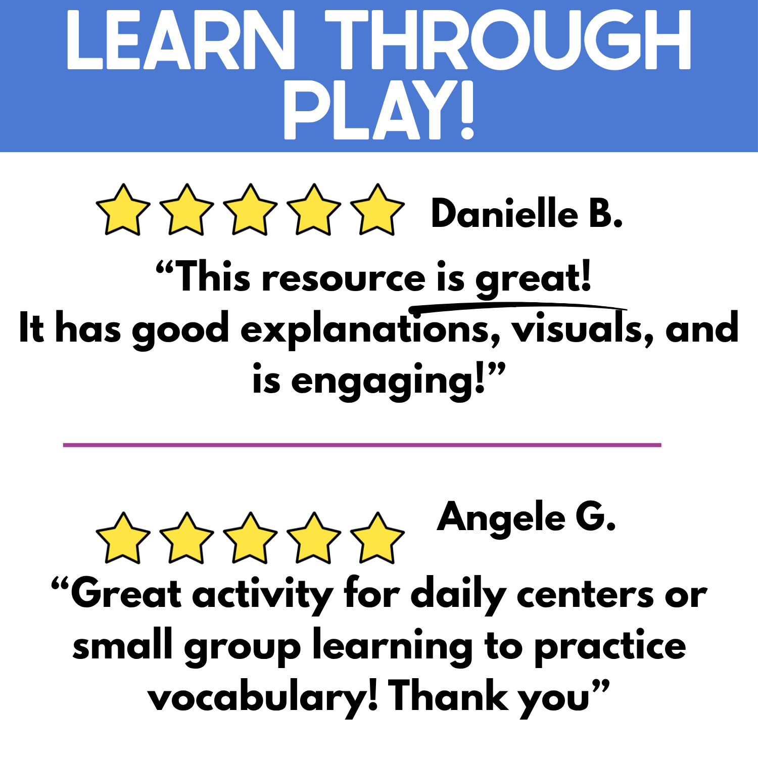 Two five-star teacher reviews of the Kitchen I Spy Board Game highlight clear explanations, engaging visuals, vocabulary practice, daily centers, and small-group learning. Review graphic emphasizes learning through play with real photo kitchen objects and interactive I Spy gameplay.