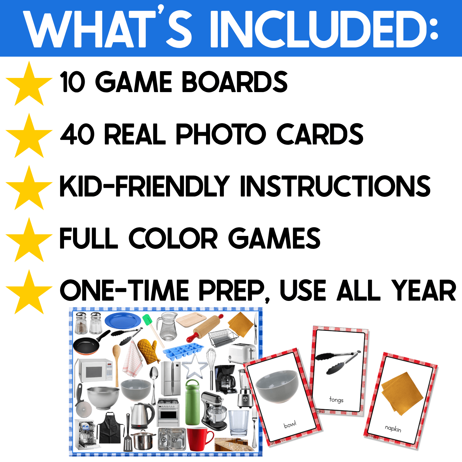 What’s included in the Kitchen I Spy Board Game: 10 full-color game boards, 40 real photo kitchen object cards, kid-friendly instructions, and reusable printable game materials. Preview shows kitchen vocabulary cards featuring a knife, sponge, bowl, and other common household kitchen items.