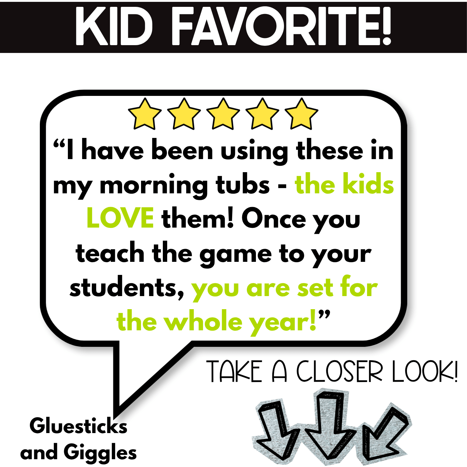 Five-star teacher review of the Kitchen I Spy Board Game describing the activity as a kid favorite for morning tubs and repeated classroom play throughout the year. Real photo kitchen vocabulary and simple I Spy gameplay provide engaging visual discrimination and matching practice for young learners.