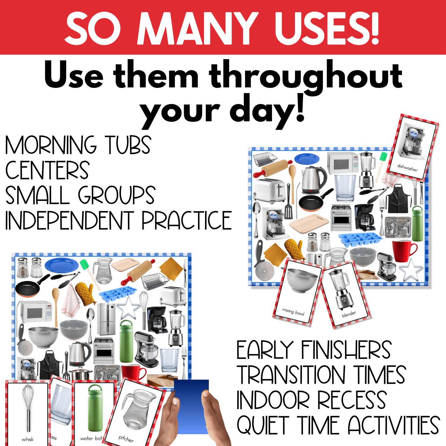 Kitchen I Spy Board Game shown for use throughout the school day during morning tubs, centers, small groups, independent practice, early finishers, transition times, indoor recess, and quiet-time activities. Real photo kitchen object cards and busy I Spy boards support vocabulary development, visual attention, and picture matching.