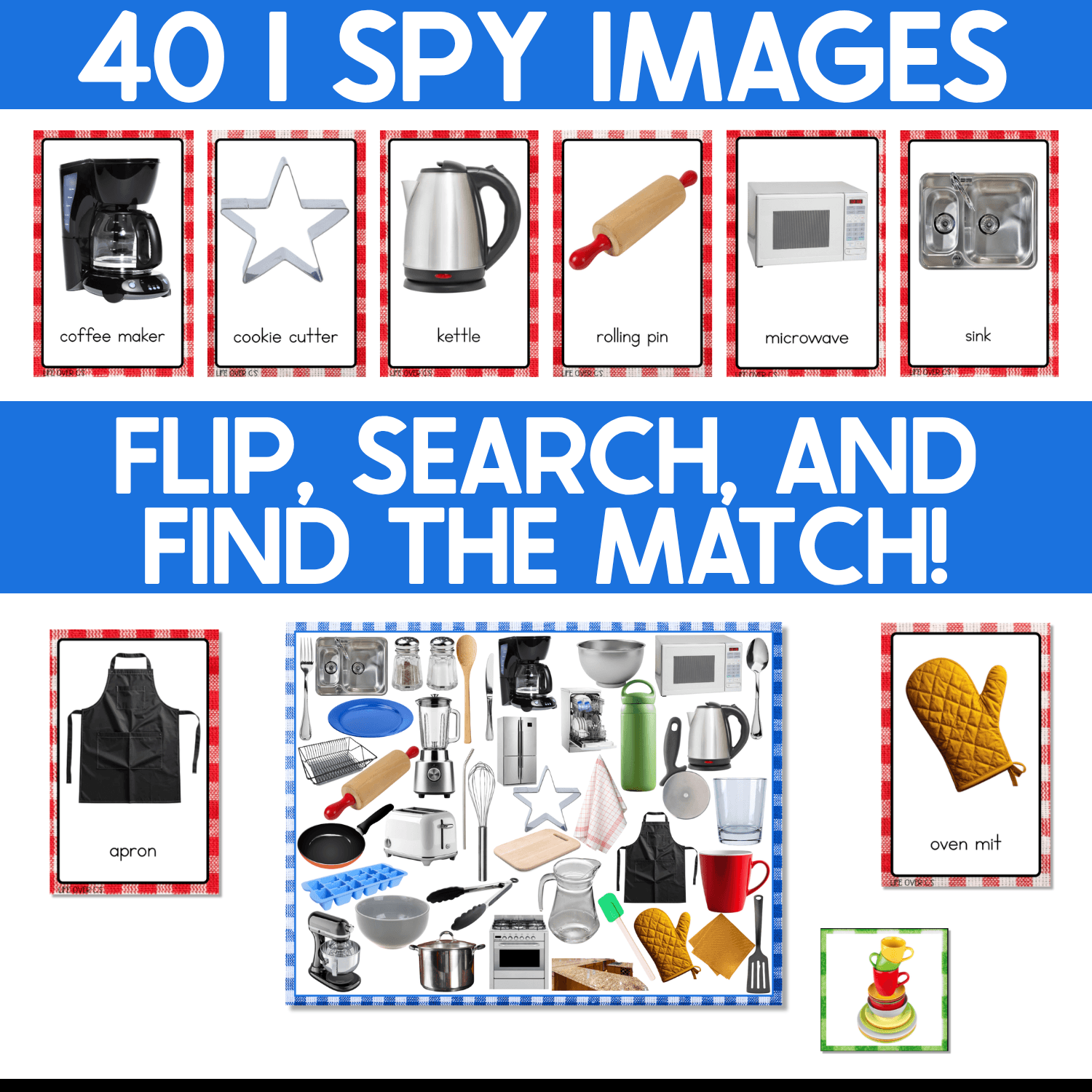 Kitchen I Spy game featuring 40 real photo vocabulary images including a coffee maker, cookie cutter, kettle, rolling pin, microwave, and sink. Players flip kitchen picture cards, search the crowded I Spy board, and find the matching household object while practicing visual discrimination and kitchen vocabulary.