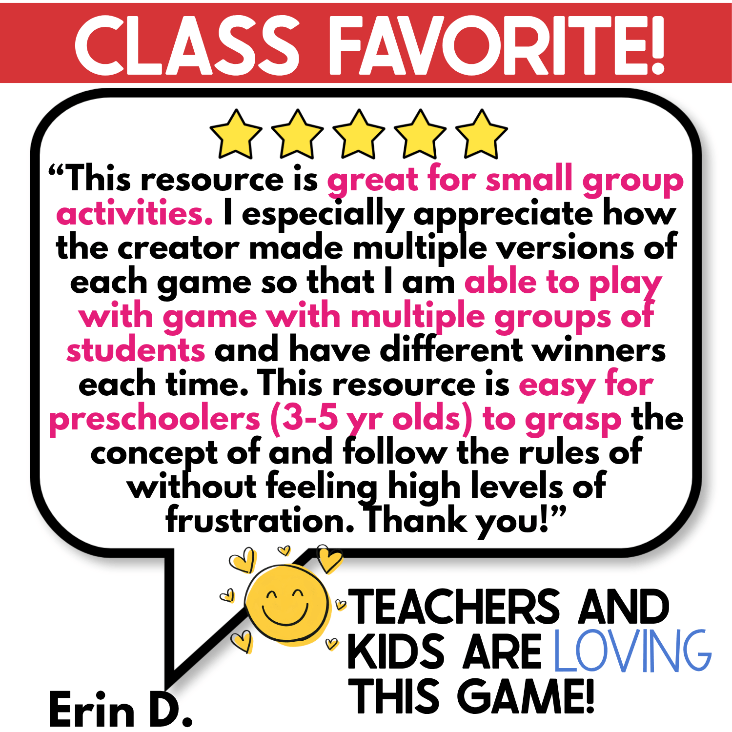 Five-star teacher review of the Kitchen I Spy Board Game highlighting its use for preschool small groups, multiple game boards, and simple rules young children can follow without frustration. Real photo kitchen objects support preschool vocabulary, visual scanning, matching, attention, and repeated group play.